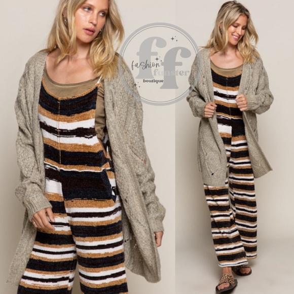 POL Striped One Piece Wide Leg Tie Strap Pocket Sweater Onesie Jumpsuit Overalls - Picture 3 of 6